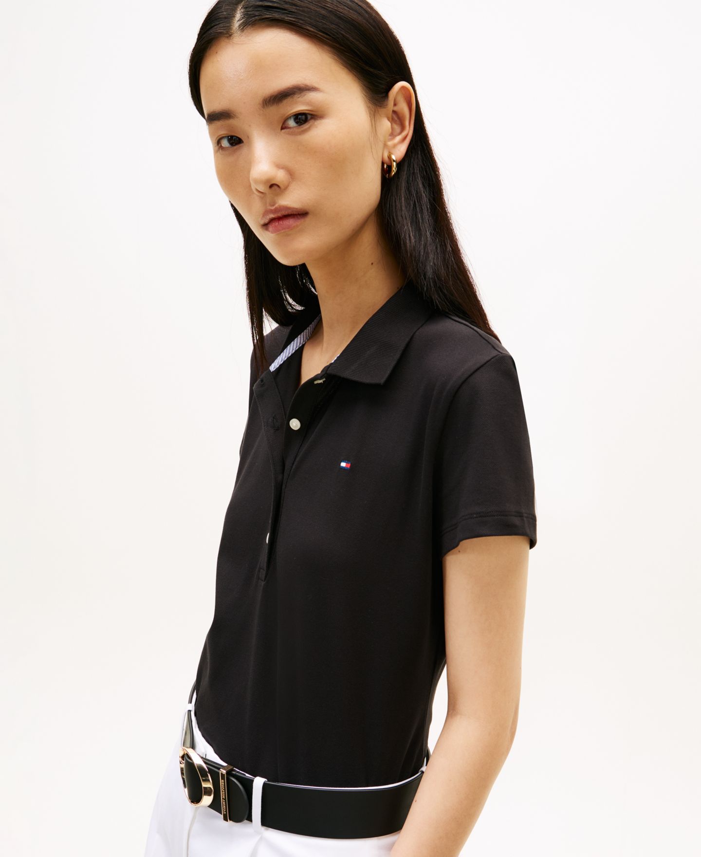 Женская футболка Tommy Hilfiger Classic Pique Short-Sleeve Polo T-Shirt, цвет: Чёрный — фото 3