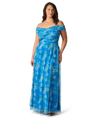 Plus Size Printed Tulle Off-the-Shoulder Gown