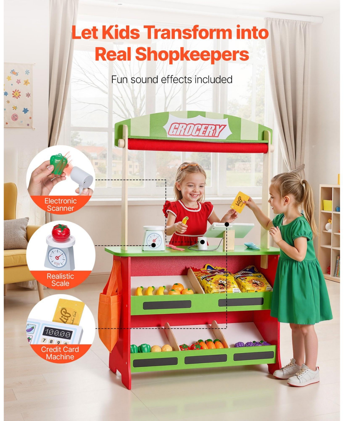 Hongge Wooden Puppet Theater and Reversible Play Store with Curtain