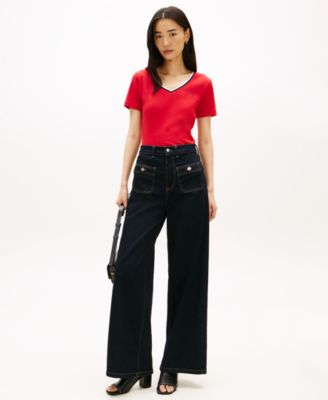 Women's Stripe Slim V-Neck Short-Sleeve T-Shirt