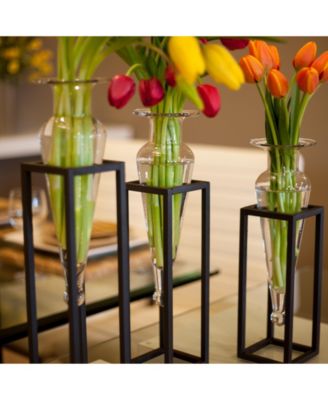 Set of 3 Clear Amphorae Vases on Square Tubing Metal Stands