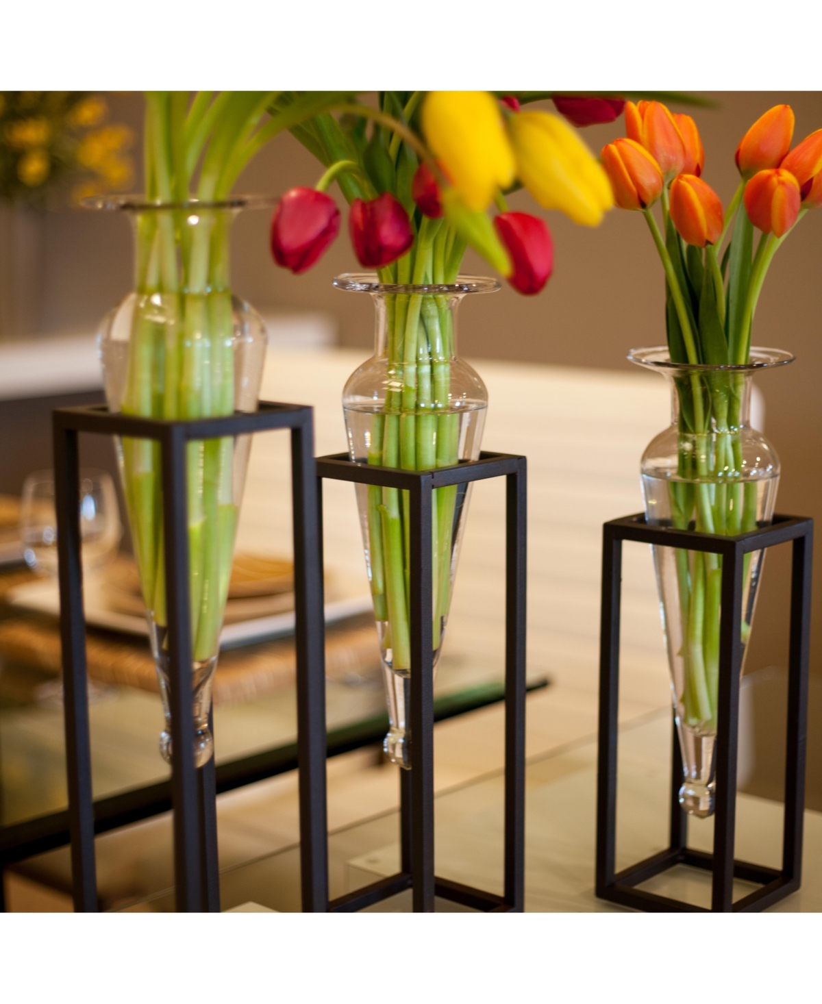 Danya B Set of 3 Clear Amphorae Vases on Square Tubing Metal Stands