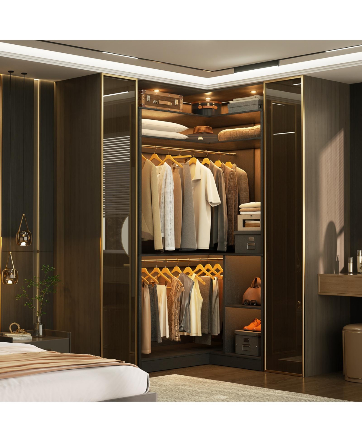 Freestanding Corner Closet Organizer, System with Hanging Rods and Storage Shelves