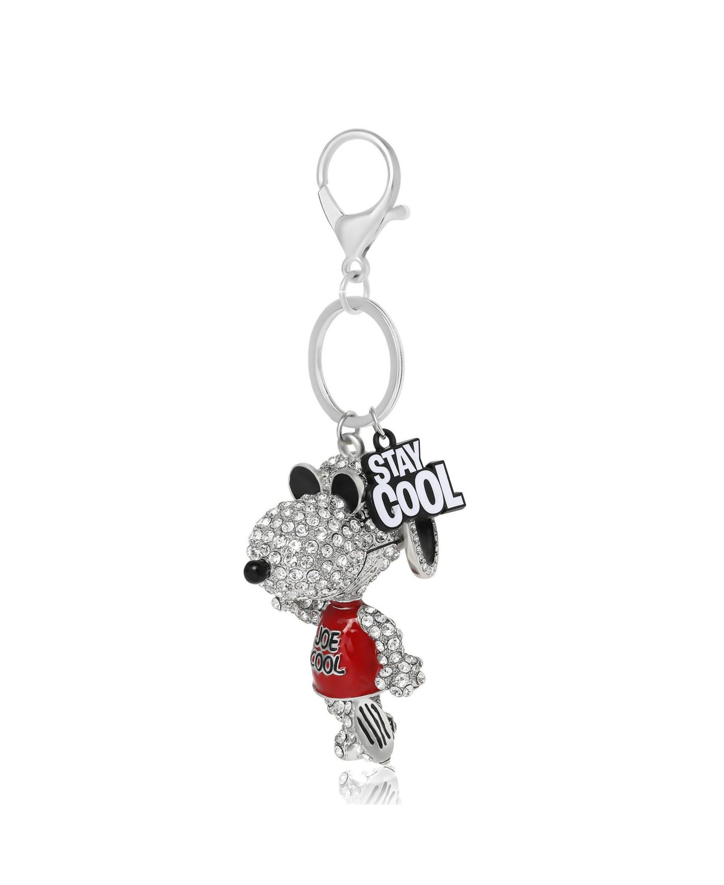 Женский брелок Peanuts Snoopy 'Joe Cool' Crystal Keychain with Stay Cool Tag, Silver Tone, цвет: Серебряный / Красный чёрный — фото 2