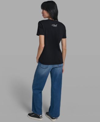 Women's Crew Neck Denim Flower T-Shirt