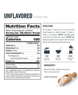 Zero Carb 100% Pure Whey Isolate Protein Powder, Unflavored, 25g Protein, 16 Servings Tub