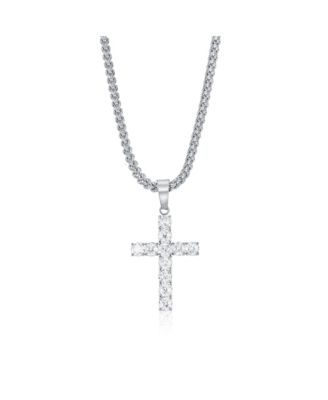Stainless Steel, Round CZ Cross Necklace