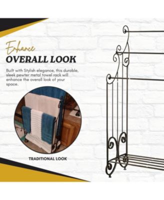 Pewter Metal Towel Racks for Bathroom with Shelf - 3 Long, Sturdy, Versatile & Modern Towel Rack with Storage Shelf