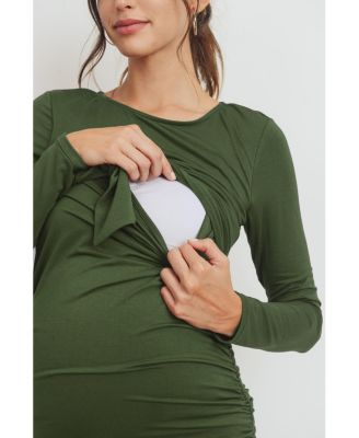 Maternity Front Tie Crew Neck Side Ruched Nursing Dress