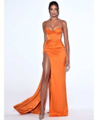 Women's Elayna Orange Strappy Satin Corset High Slit Gown