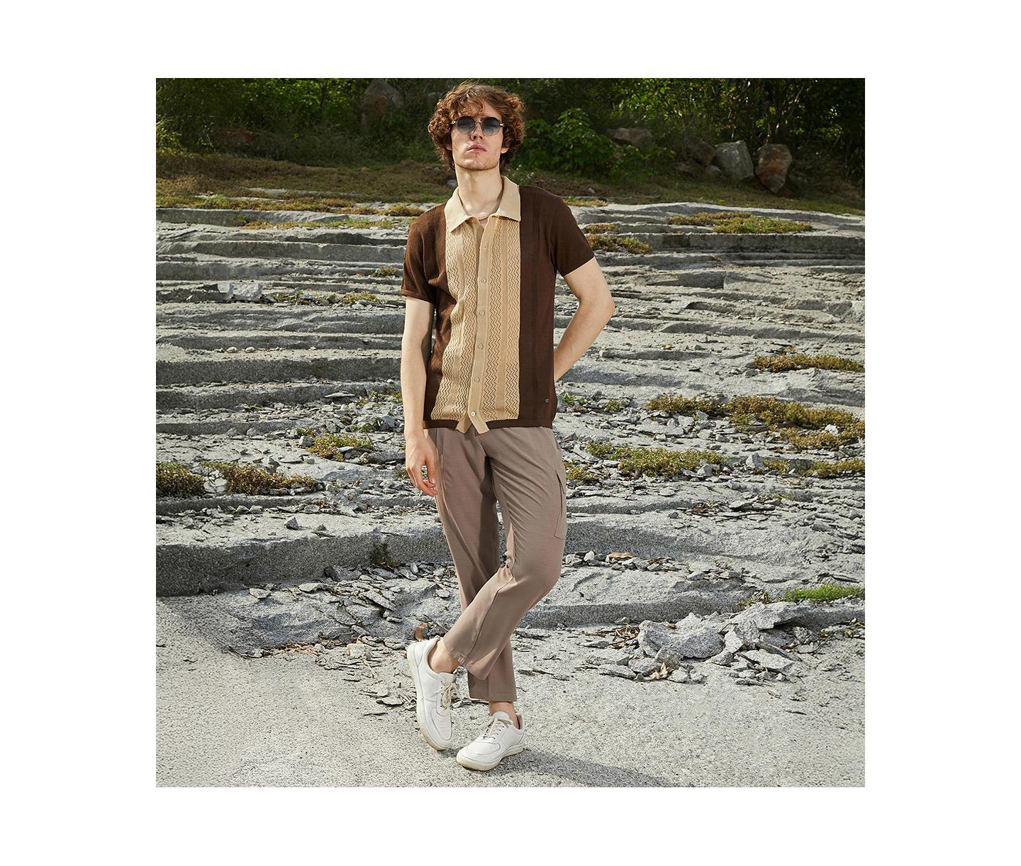 Мужская рубашка Cahoot Campus Sutra Block-Knit Slim-Fit, цвет: Бежевый / Хаки — фото 6