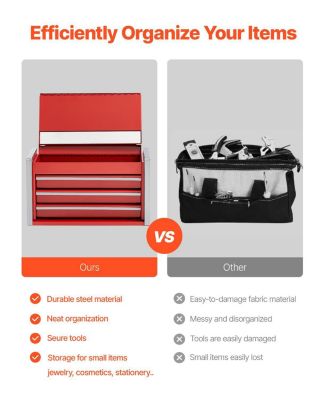 Metal Tool Box, 8.6", Portable 3-Drawer Tool Chest, EVA Liners, PP Feet, Ball-Bearing Slides, Powder-Coat, Red