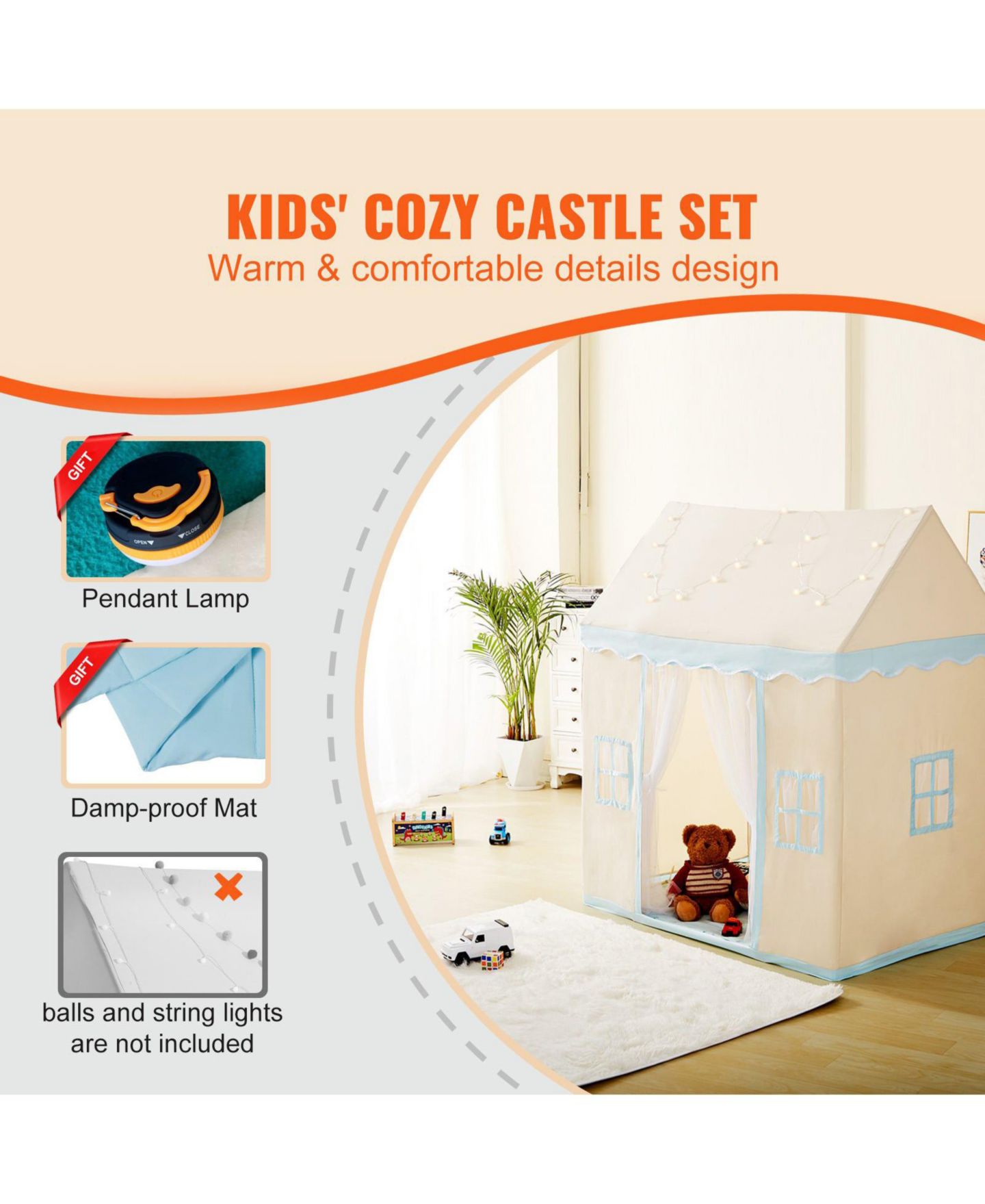Детские игрушки Mecale Windowed Playhouse Play Tent with Mat and Lamp, 3-Piece Set, Ages 1-5, цвет: Белый — фото 5