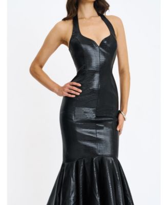 Women's Gardenia Black Leather Midi Sweetheart Halter Flared Dress