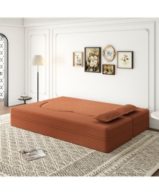 Boyel Living Modern Convertible Floor Sofa with 2 Pillows, Plush Corduroy Foam-Filled Sleeper Sofa Bed, 78" Full-Size Folding Mattress