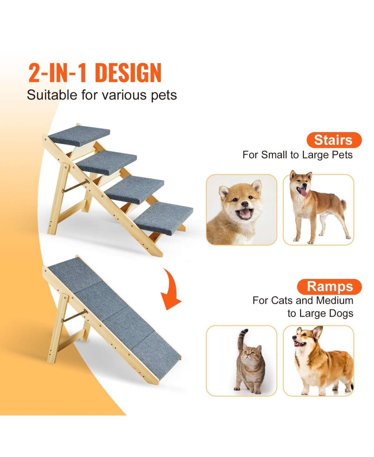 Cozito Convertible 4-Step Wooden Pet Stairs & Ramp, Holds up to 150 lbs.