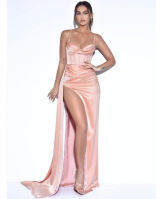 Women's Elayna Blush Strappy Satin Corset High Slit Gown