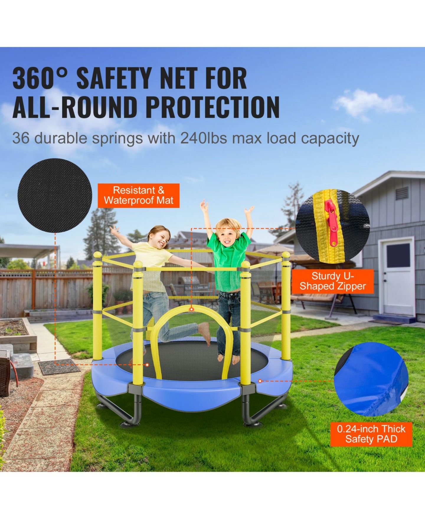 Детская игрушка Mecale Kids' Trampoline, 5 ft, Indoor/Outdoor with Enclosure Net & Basketball Hoop, Ages 3+, цвет: Синий — фото 7
