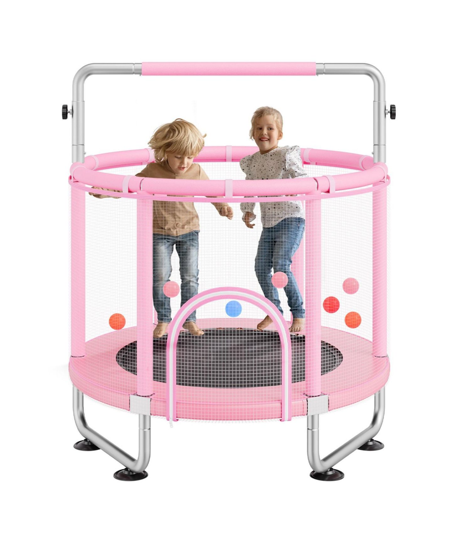 Детская игрушка Mecale Kids Trampoline, 55", Indoor/Outdoor with Enclosure Net & Basketball Hoop, Ages 3+, цвет: Розовый — фото 1