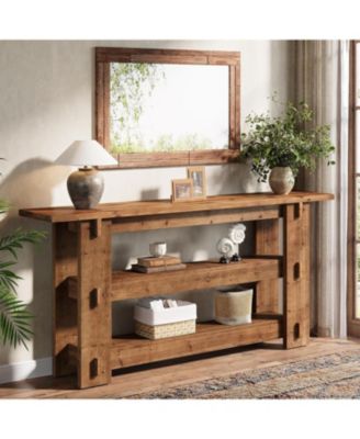 63-Inch Solid Wood Console Table, Farmhouse Sofa Table Behind Couch with Storage Shelves, Entryway Furniture