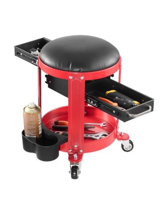 Rolling Mechanic Stool, 300-Lb Capacity, Fixed-Height Padded Seat w/ Tool Tray & 2 Drawers, Red/Black