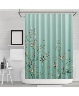 72-Inch Teal Blue Green Floral Tree Bird Shower Curtain