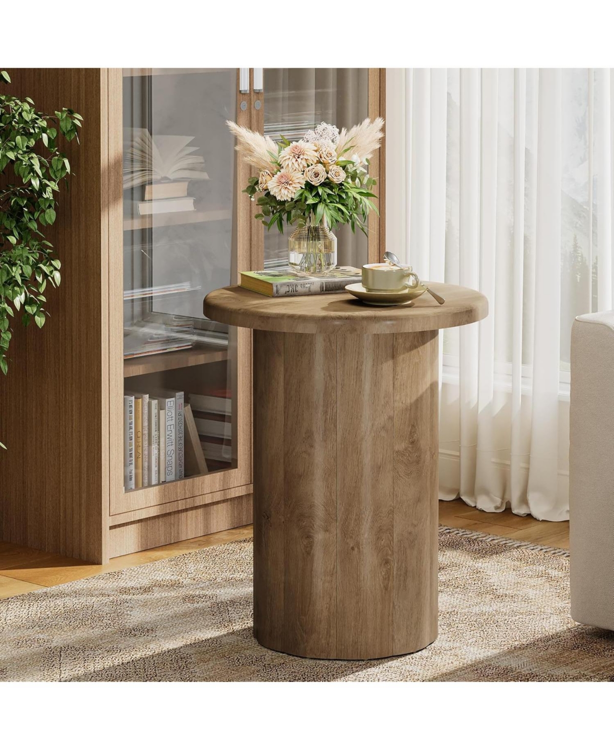 Tribesigns Round Side Table for Living Room, Farmhouse Small End Table with Fluted Base, 20-Inch Rustic Brown Nightstand, Accent Furniture