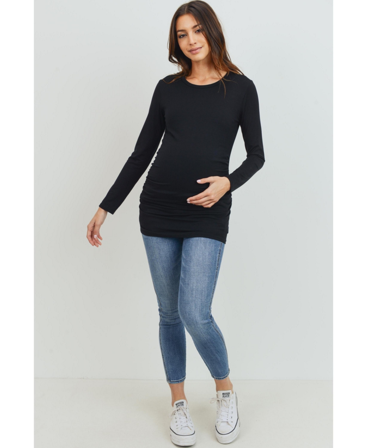 Hello Miz Maternity Casual Long Sleeve Side Ruched Crewneck Top