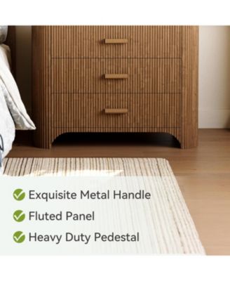 Large Nightstand with 3 Drawers Set of 2, Mid Century Modern Oversized Bedside Table, Wide Nightstand with Fluted Striped Panel