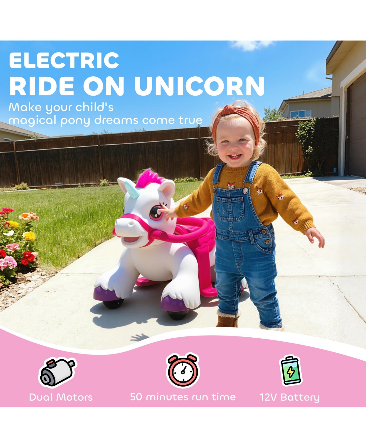 Qaba 12V Ride on Horse, Ride on Toy with Carrot Toy, Comb, Animal Sounds