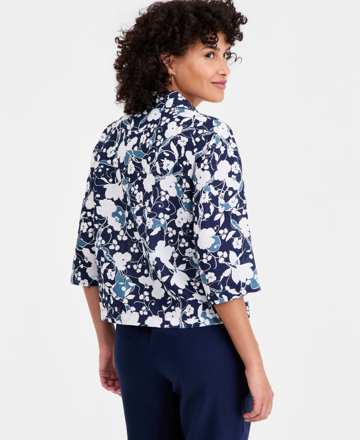 Charter Club Women's 100% Linen Roll-Tab Camp Shirt, Created for Macy's