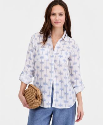 Women's 100% Linen Darling Floral Roll-Tab Shirt