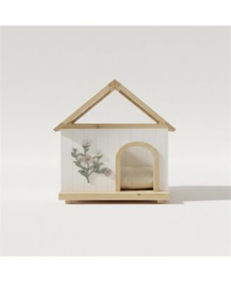 Cat House with Floral Carving for Cats & Small Dogs in Natural