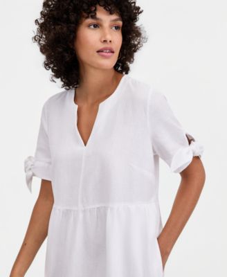 Women's 100% Linen Tie-Sleeve Tiered Midi Dress