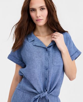 Women's 100% Linen Tie-Front Shirt