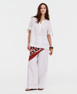 Women's 100% Linen Split-Neck Tie-Cuff Top, Created for Macy's