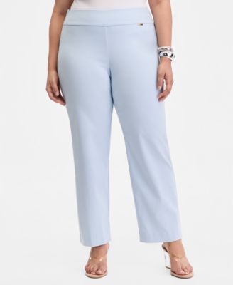 Plus Size Kiss-Front 3/4-Sleeve Blazer & Mid-Rise Pull-On Straight-Leg Pants