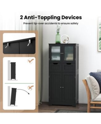 Bathroom Floor Storage Cabinet Kitchen Cupboard with 2 Drawers & Glass Doors