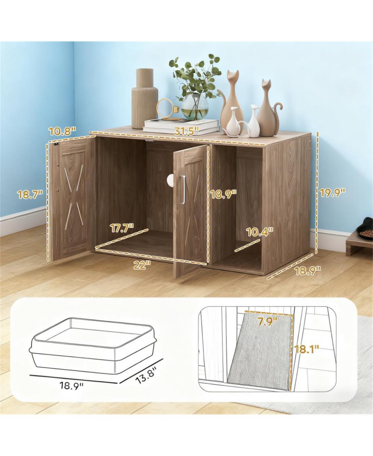 Aostirmotor Cat Litter Box Enclosure with Scratching Board in Walnut Brown