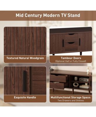 70 Inch Mid Century Modern TV Stand with Tambour Doors and Power Outlet for TVs Up to 80 Inches