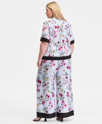 Plus Size Printed Short-Sleeve Button-Front Shirt & Printed Wide-Leg Pull-On Pants