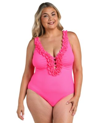 Plus Size Island Goddess Ruffle V-Neck One-Piece Swimsuit