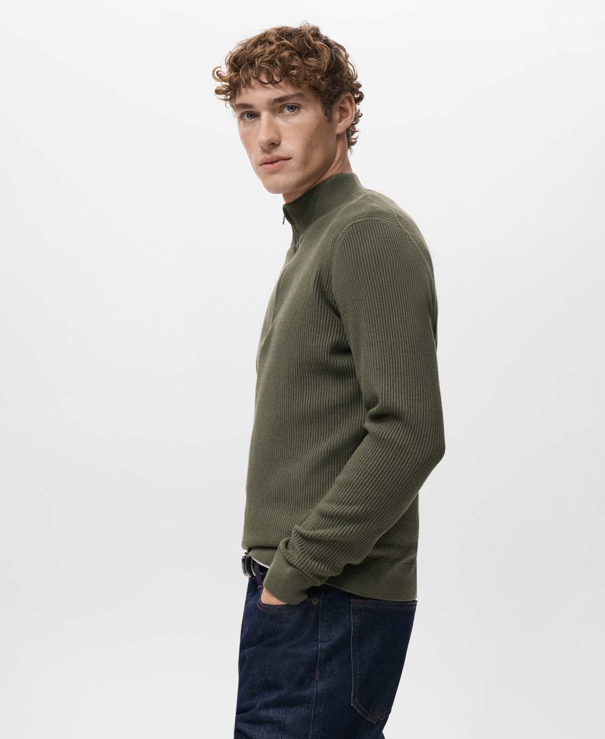 Mango Men's Zip Neck Ribbed Sweater
