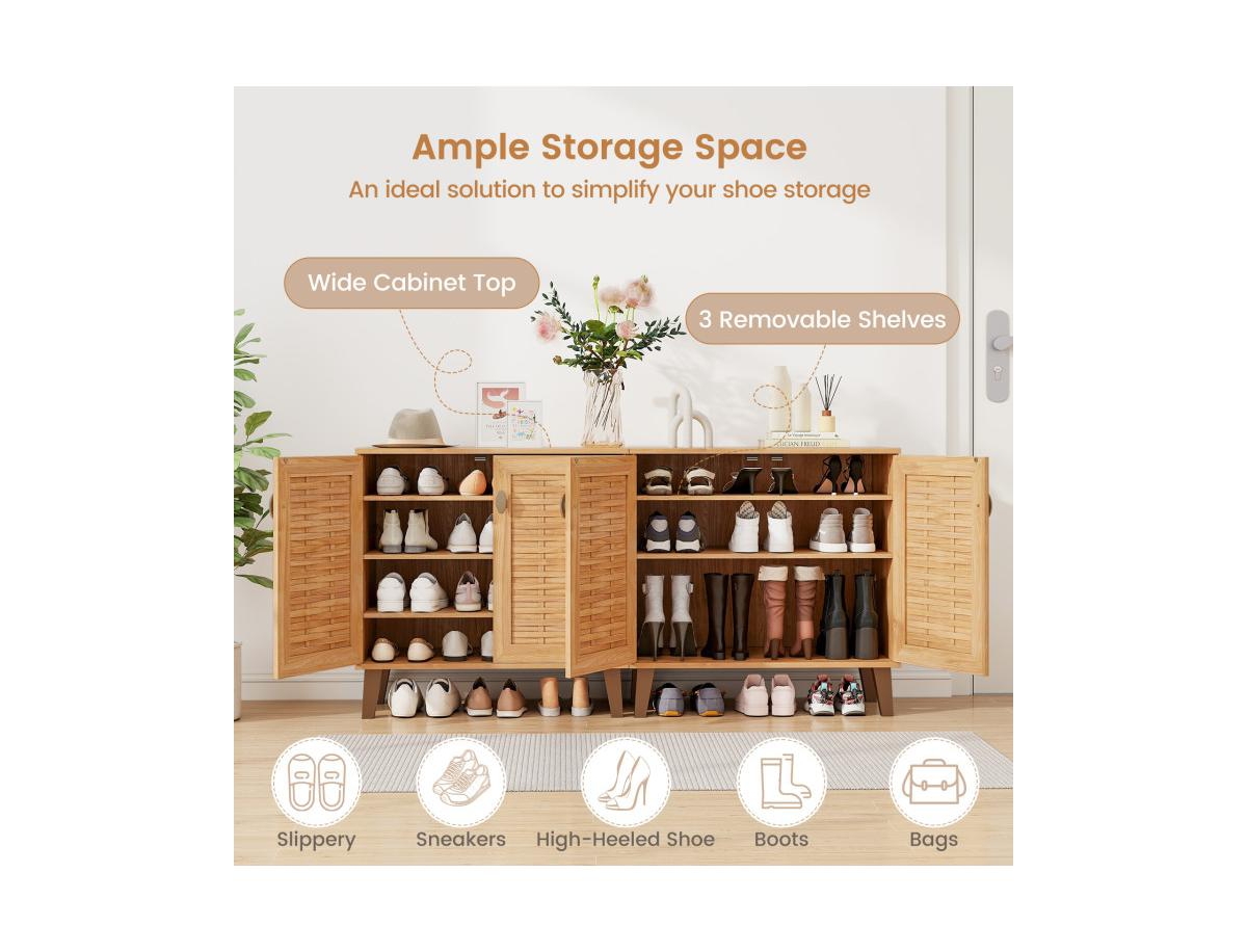 Clihome 4-Tier Shoe Cabinet Storage Organizer with Ventilated Woven Doors