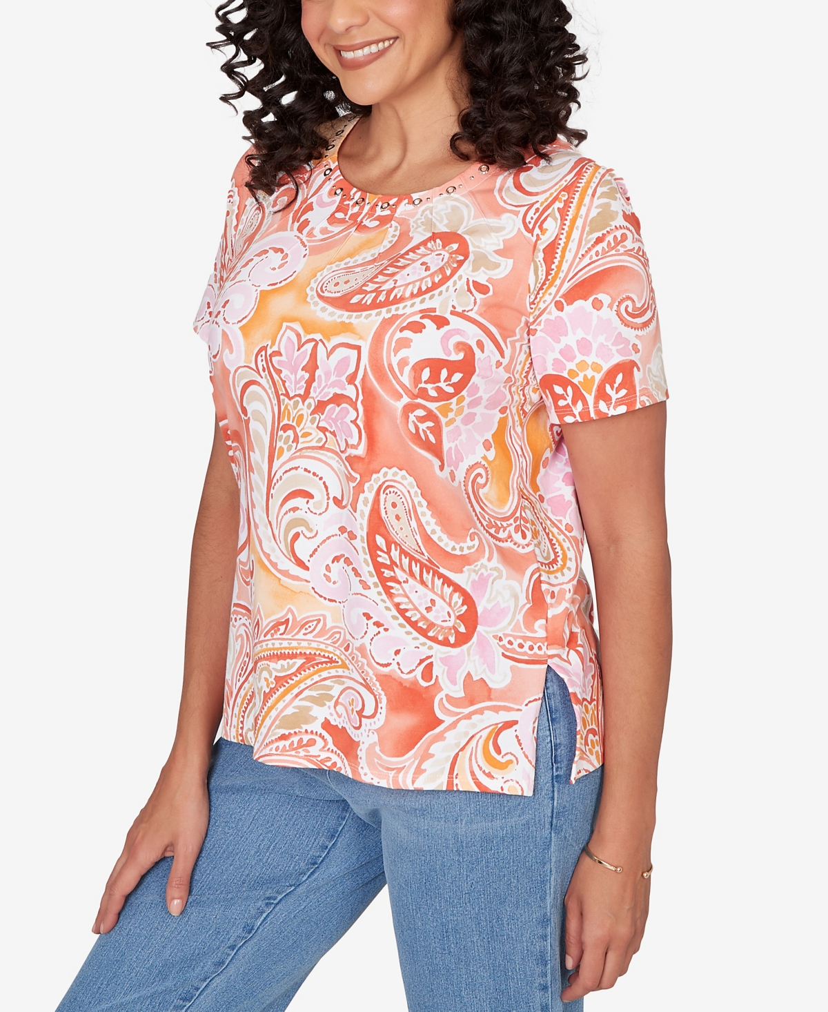 Alfred Dunner Petite Paisley Beaded Neck Pleated Top