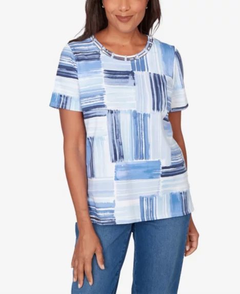 Petite Brushstroke Beaded Neck Top - Blue