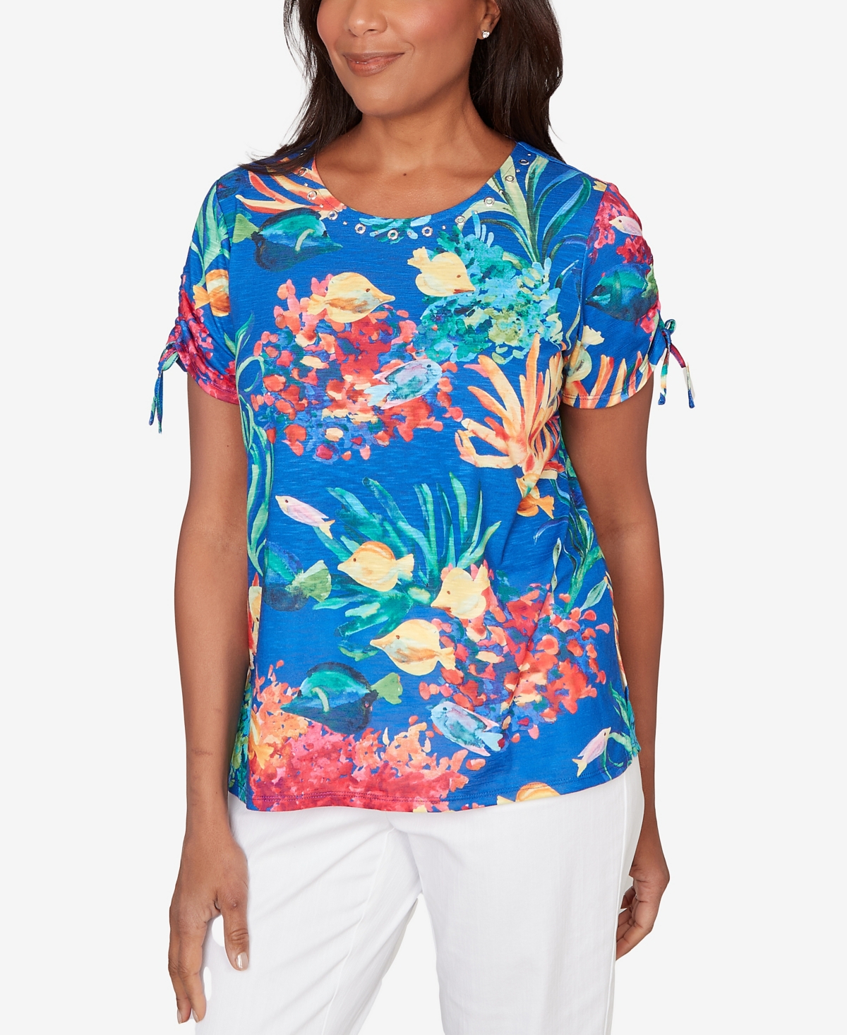 Alfred Dunner Petite Tropical Reef Tie Sleeve Top