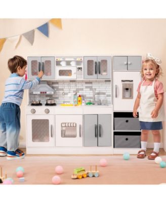 2 Piece Wooden Kids Play Kitchen Set with Refrigerator Sink Stove and Realistic Lights and Sounds