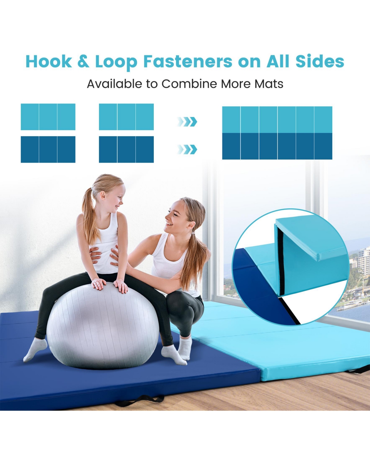 Sugift 4-Panel Pu Leather Folding Exercise Mat with Carrying Handles-Blue