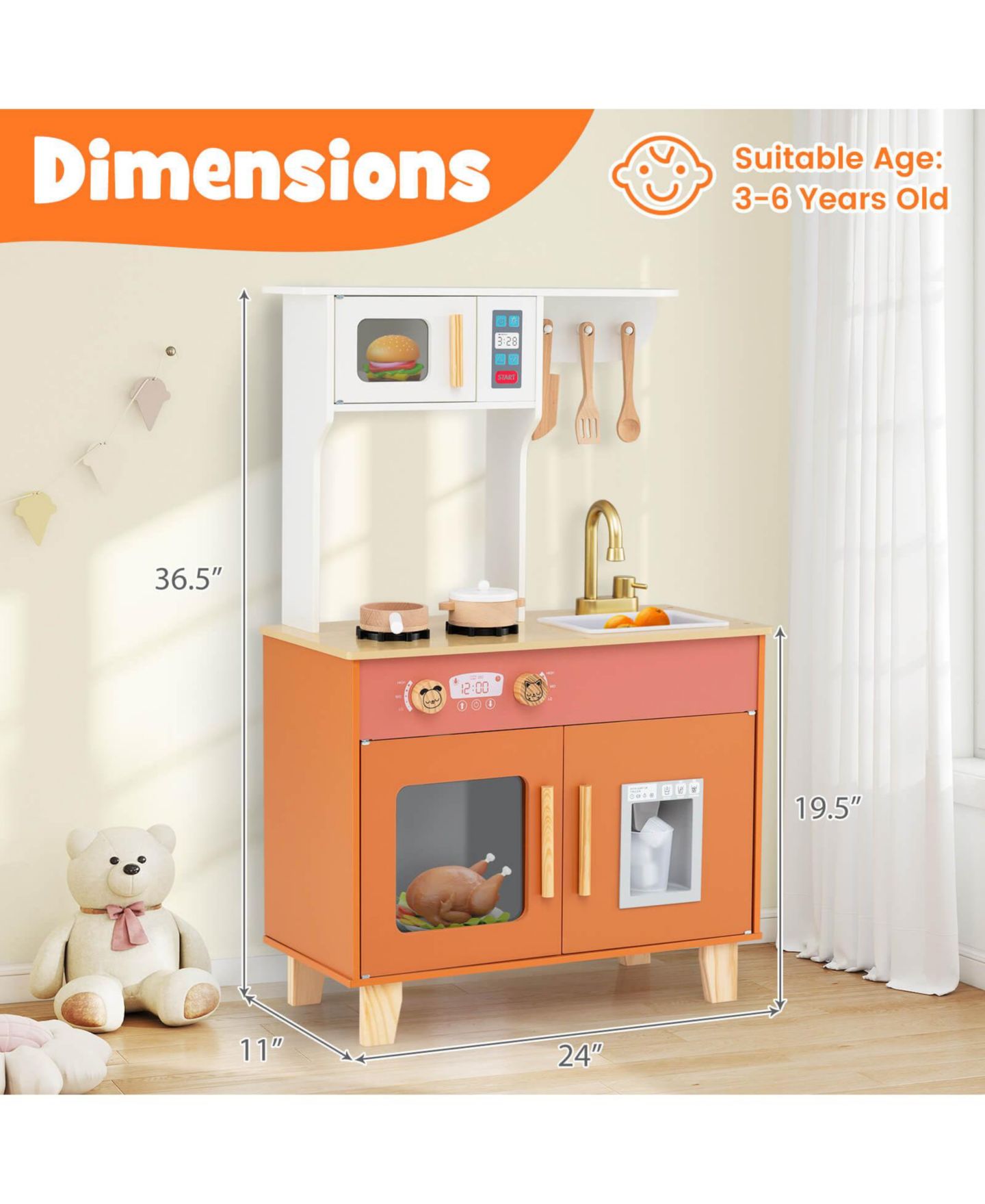 Детские игрушки Costway Kids' Play Kitchen with Microwave and Stoves, 7-Piece Set, Ages 3+, цвет: Коричневый — фото 4